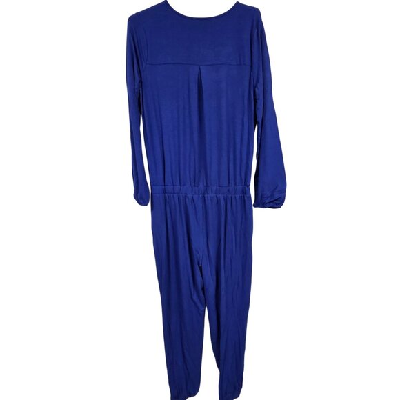 Zenana Womens XL Jumpsuit Blue Long Sleeve Button-Front Drawstring Waist Pockets - Picture 9 of 11